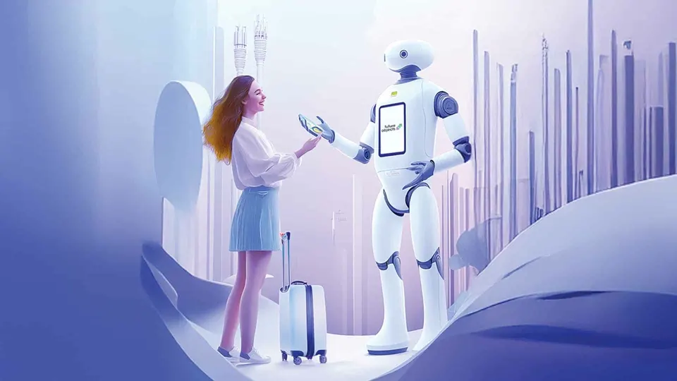 Scientist interacting with a holographic interface beside a robot