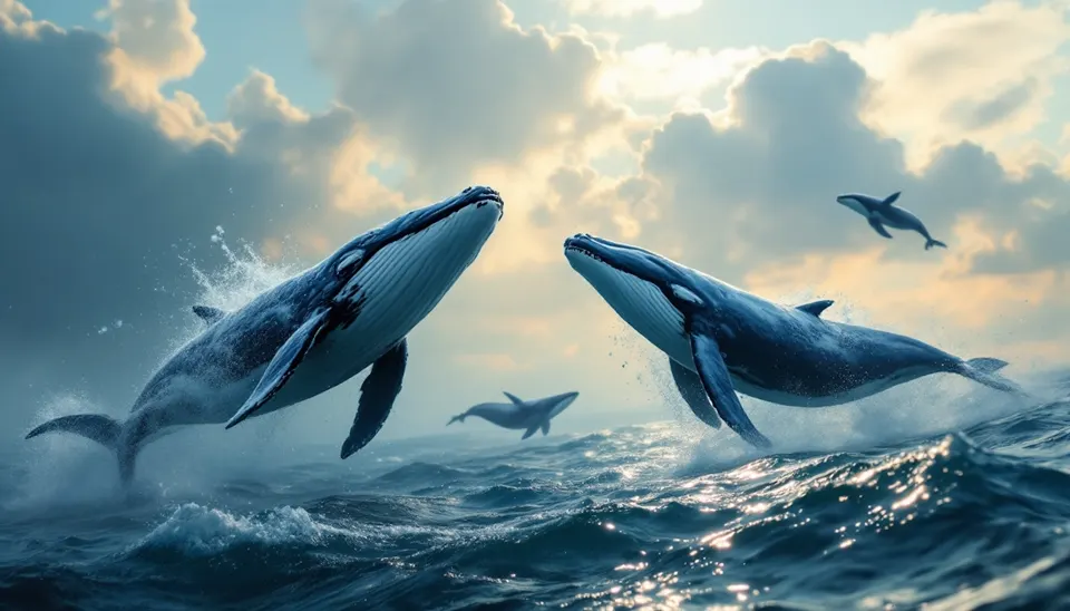 Whales surfacing in a rough ocean