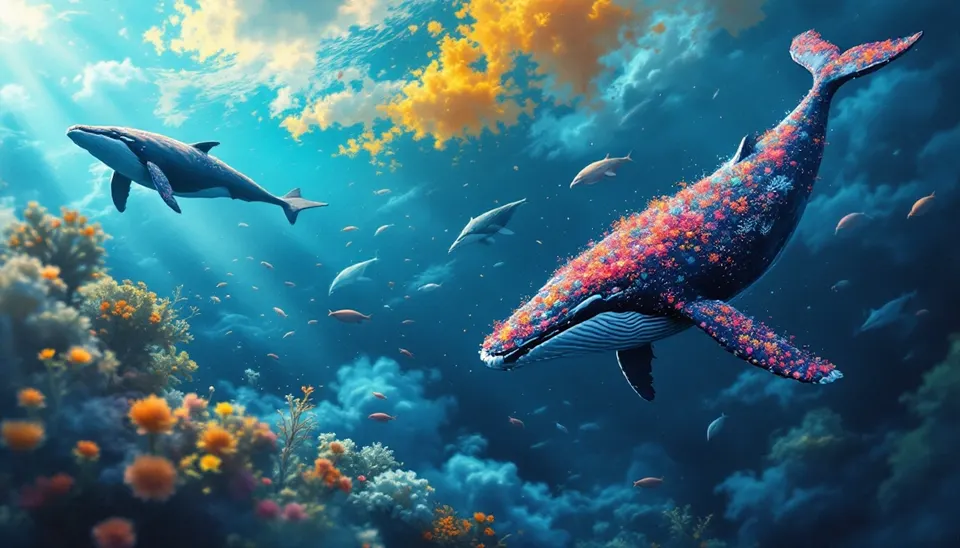 Whales swimming through a colorful underwater scene
