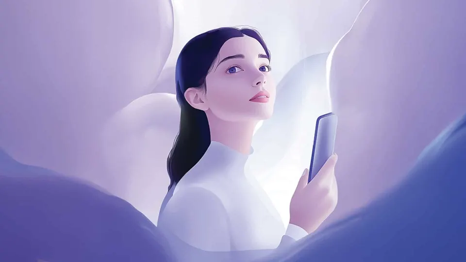 Stylized woman holding a smartphone in a minimalist interior