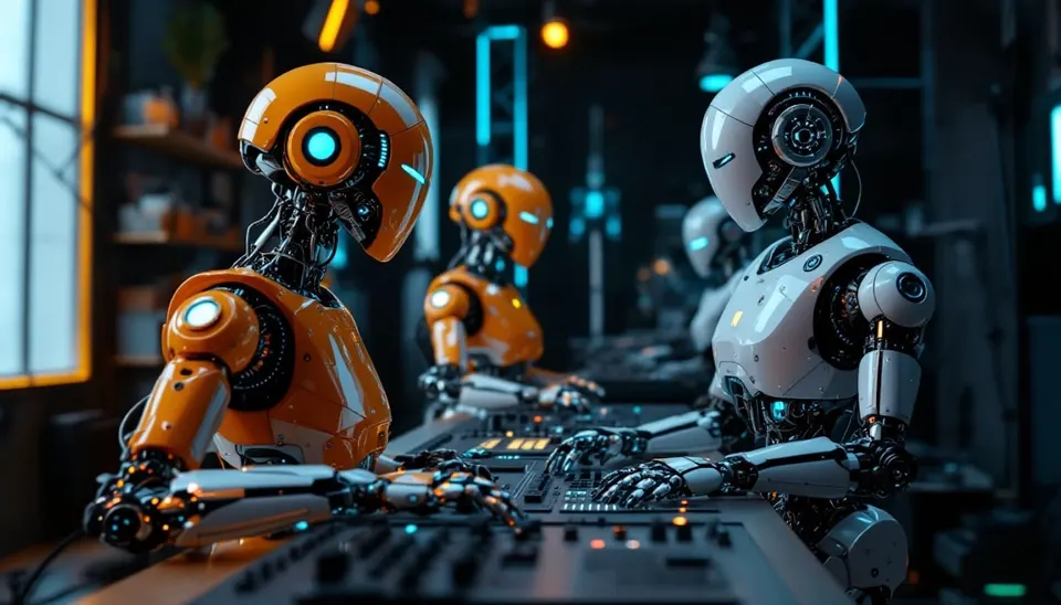 Humanoid robots gathered around an industrial worktable