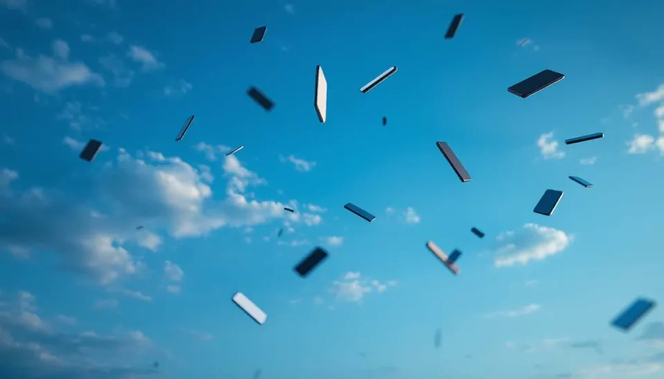 Black rectangular fragments floating in a blue sky