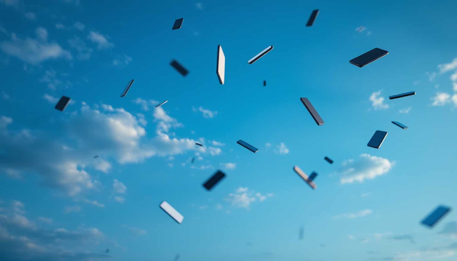 Black rectangular fragments floating in a blue sky