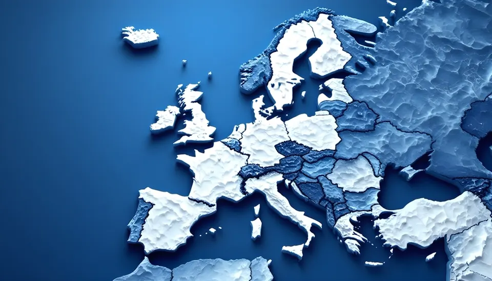 Raised white map of Europe on a blue textured surface