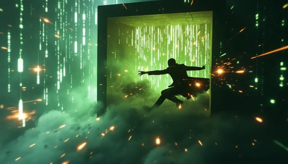 Silhouetted figure floating through a green digital tunnel