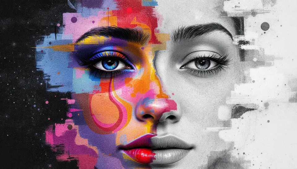 Split portrait of a woman in colorful paint and grayscale fragments