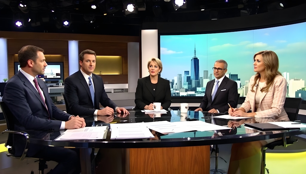 Five people seated around a table in a television studio