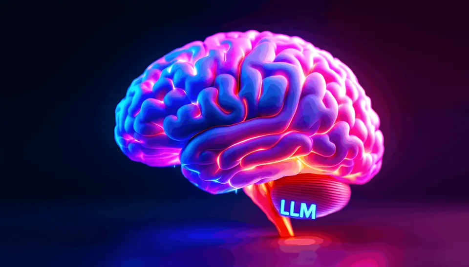 Glowing brain illustration labeled LLM