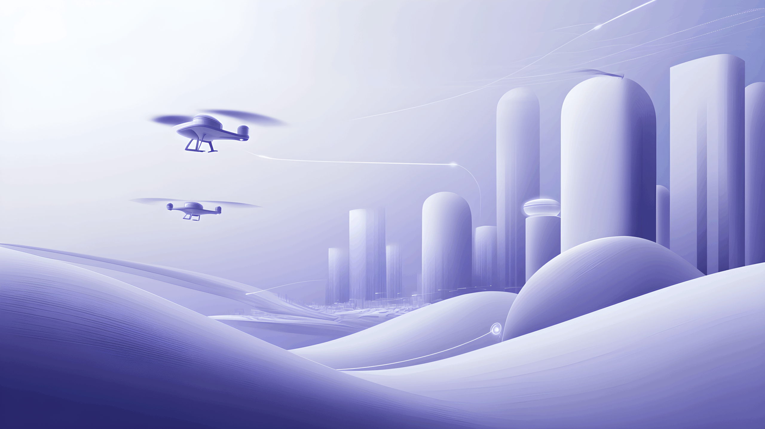Pastel futuristic landscape with a drone above smooth white forms