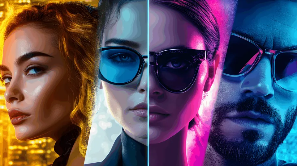 Four stylized portraits illuminated in different colors