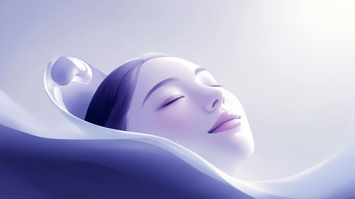 Woman's face emerging from abstract white and purple waves