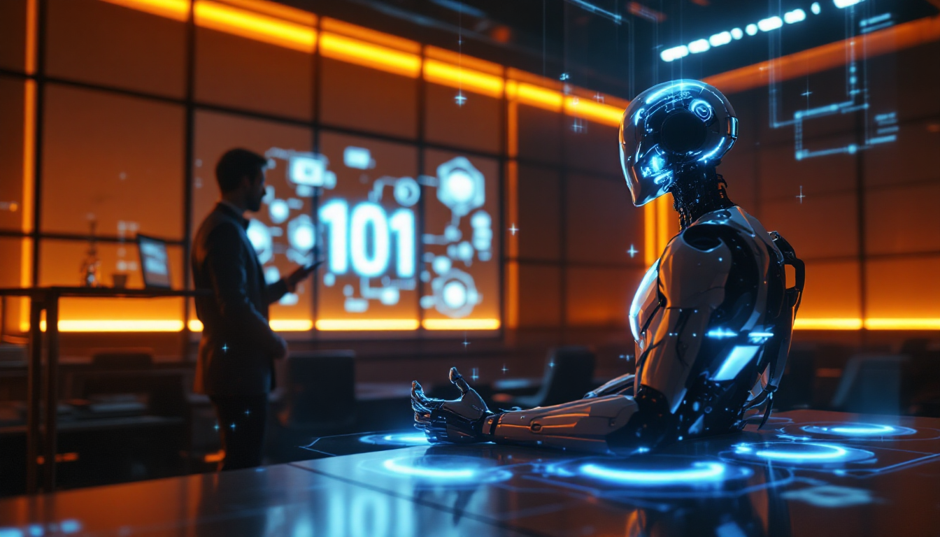 Humanoid robot in an orange-lit studio beside a display reading 101