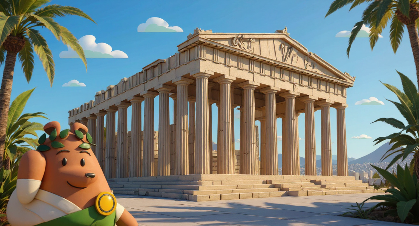 Classical temple framed by palm trees with a cartoon figure in front