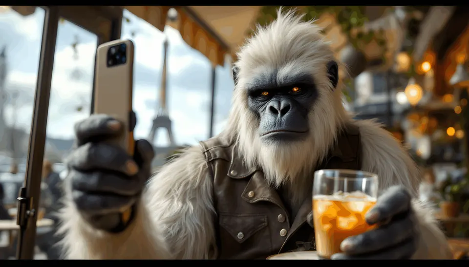Gorilla holding a smartphone and a glass at a bar