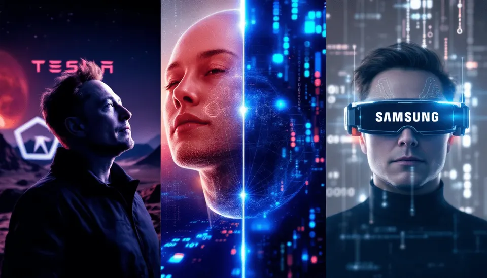 Montage of humanoid robots and people wearing digital interfaces