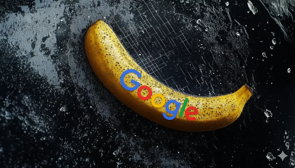 Banana bearing the Google logo on a dark textured surface