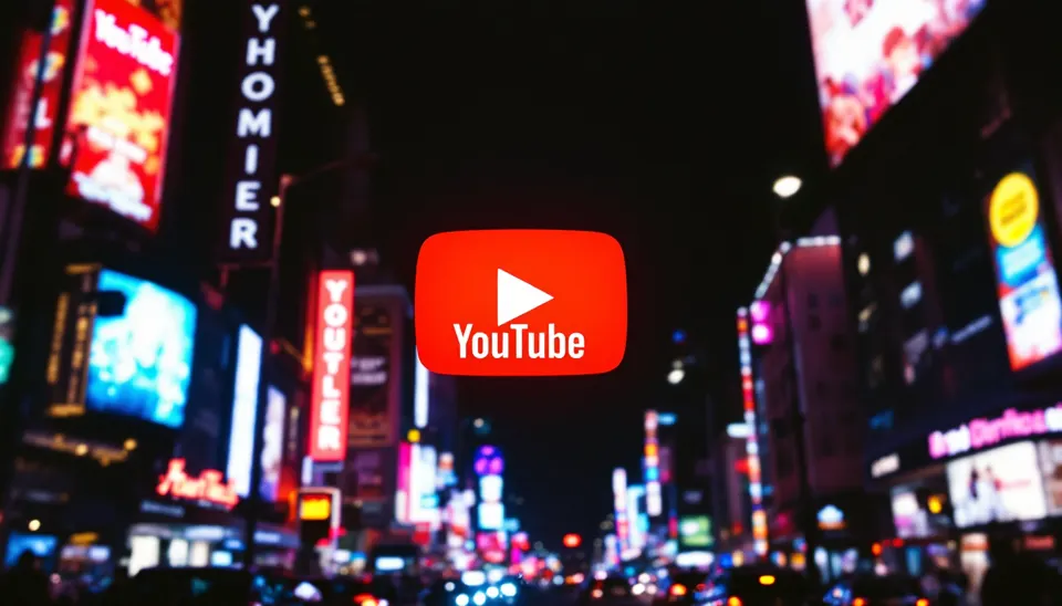 YouTube logo displayed among illuminated city billboards