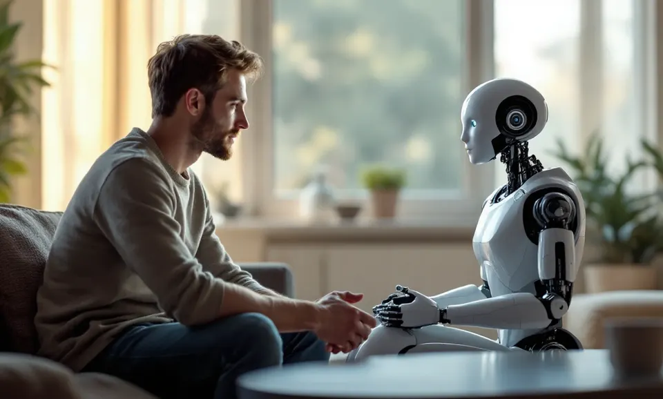 Man and small humanoid robot sitting across a desk