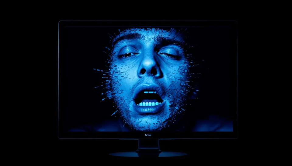 Blue digital face glowing against a black background