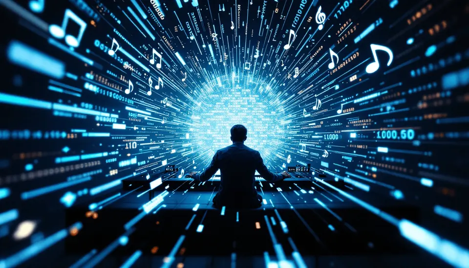 Silhouetted person facing a radiant digital tunnel filled with music notes
