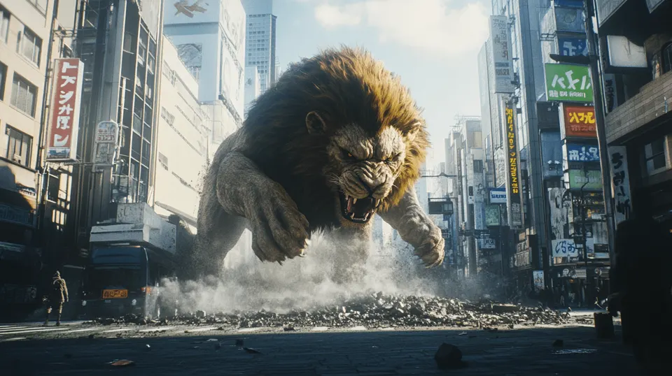 Lion running through a city street
