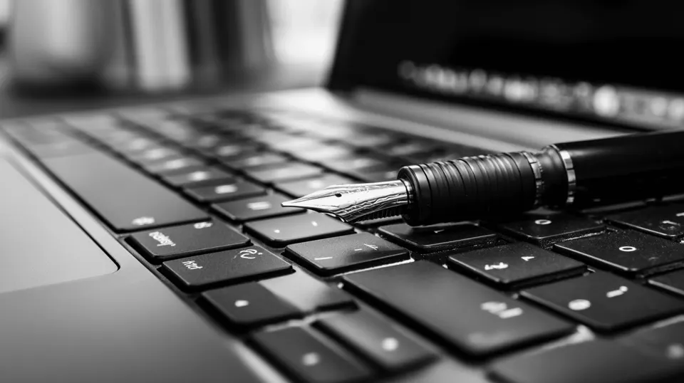 Composite of a pen on a laptop keyboard and tall city buildings