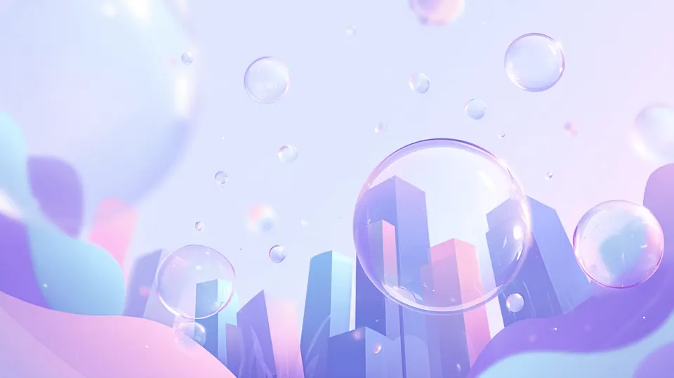Abstract pastel cityscape with translucent spheres