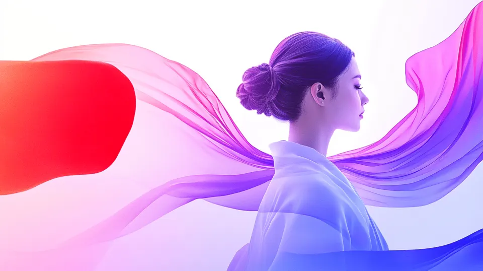 Woman in profile surrounded by flowing red and purple fabric