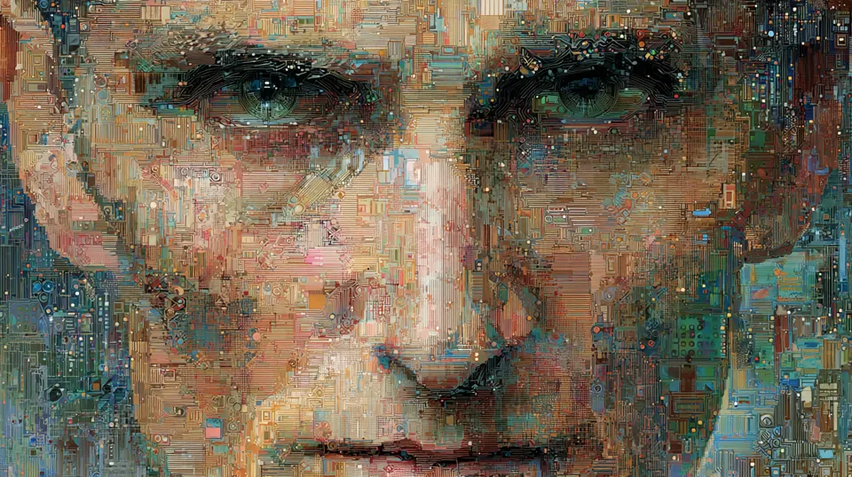 Close-up of a face fragmented by a digital texture