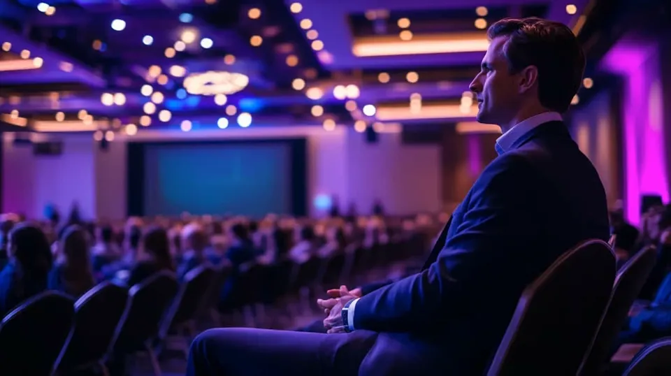 Audience member watching a speaker on a conference stage