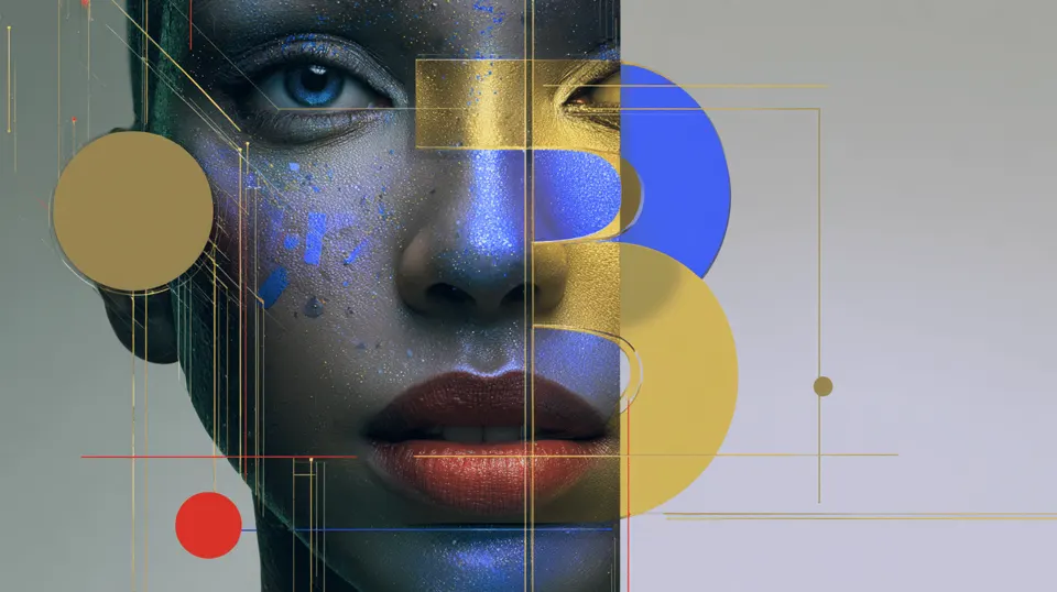 Split portrait of a person with translucent geometric overlays