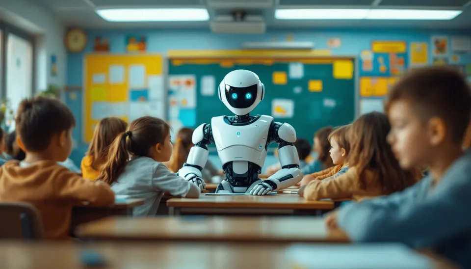 Humanoid robot standing at the front of a classroom