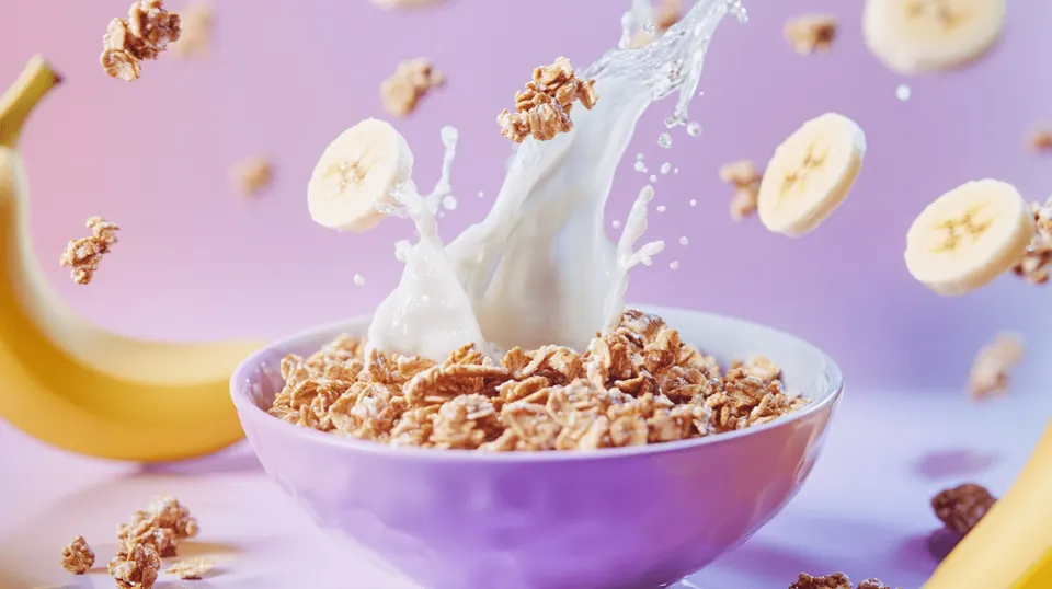 Cereal bowl with a banana and pieces of cereal suspended above it