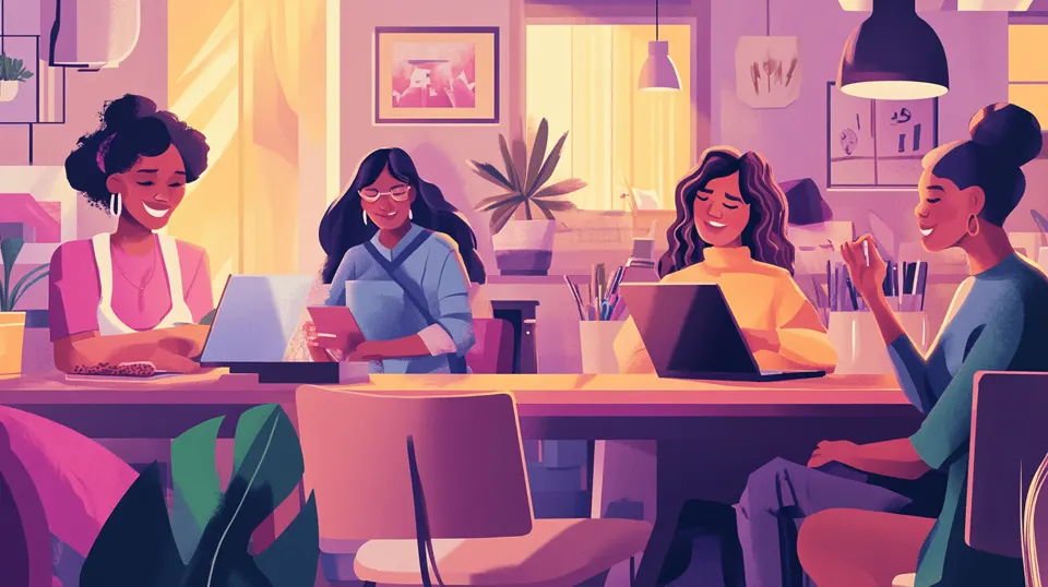 Illustration of women gathered around a table in a living room