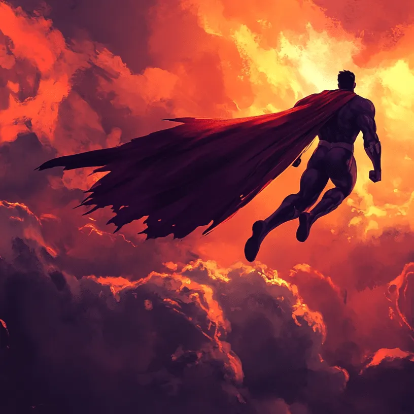 Silhouetted flying figure above fiery clouds