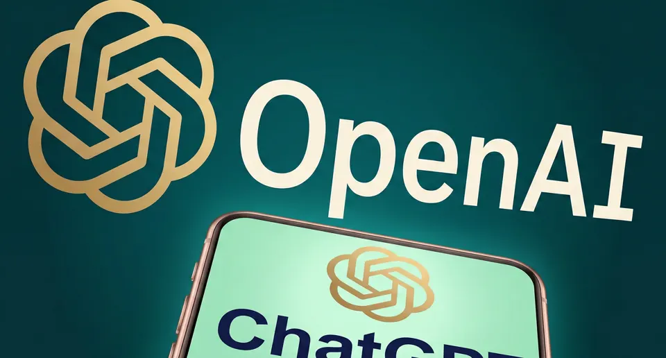 OpenAI sign behind a smartphone displaying the ChatGPT logo