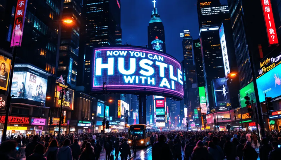 Times Square billboard displaying the words How You Can Hustle With AI
