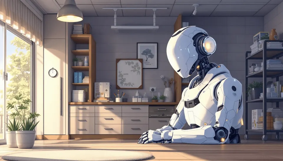 Humanoid robot seated at a desk in a home office