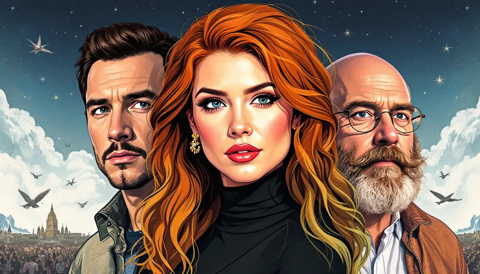 Illustrated portraits of a red-haired woman and two men