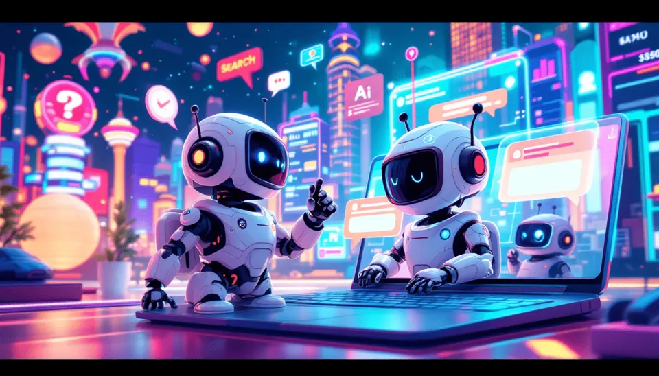 Small robots working at colorful computer stations