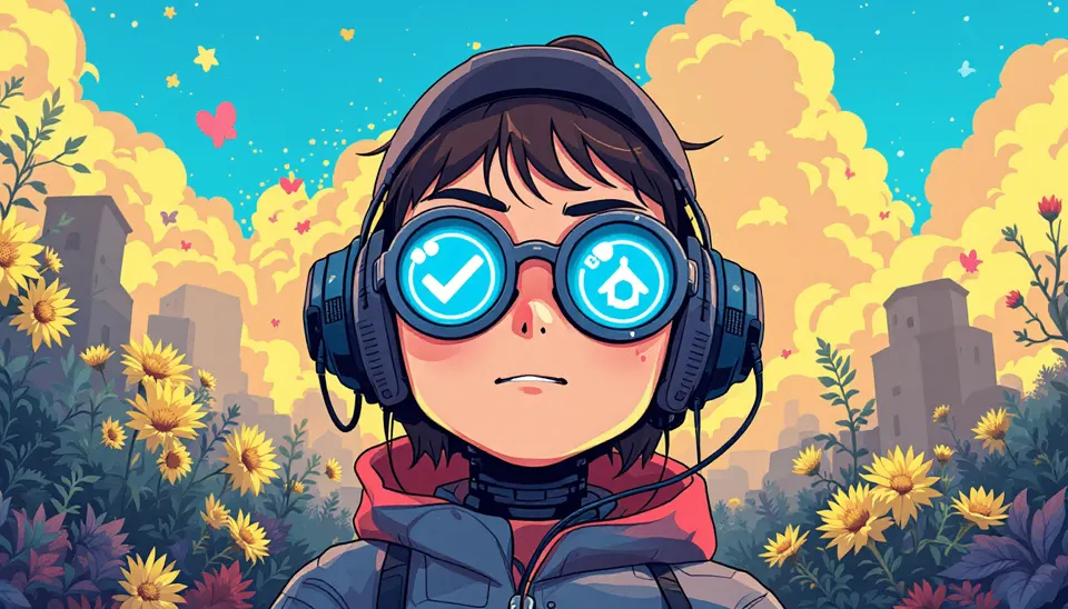 Illustrated child wearing headphones and illuminated goggles in a colorful landscape