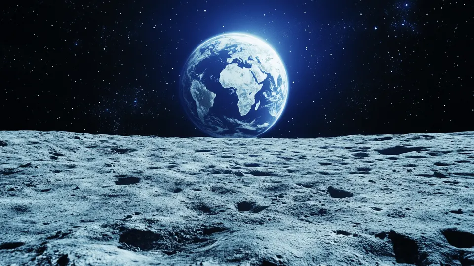 Earth rising above the Moon's cratered surface