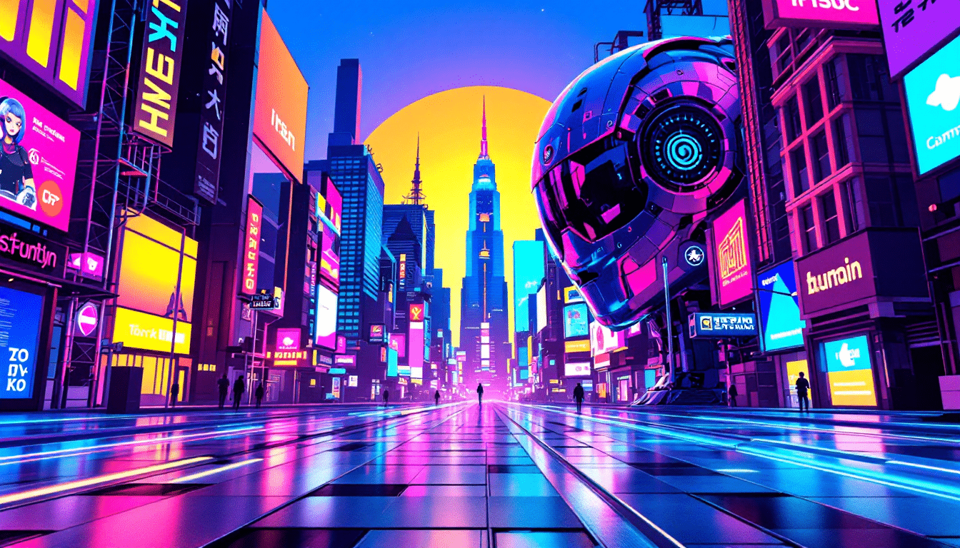 A robot head hovering over a neon-lit city street