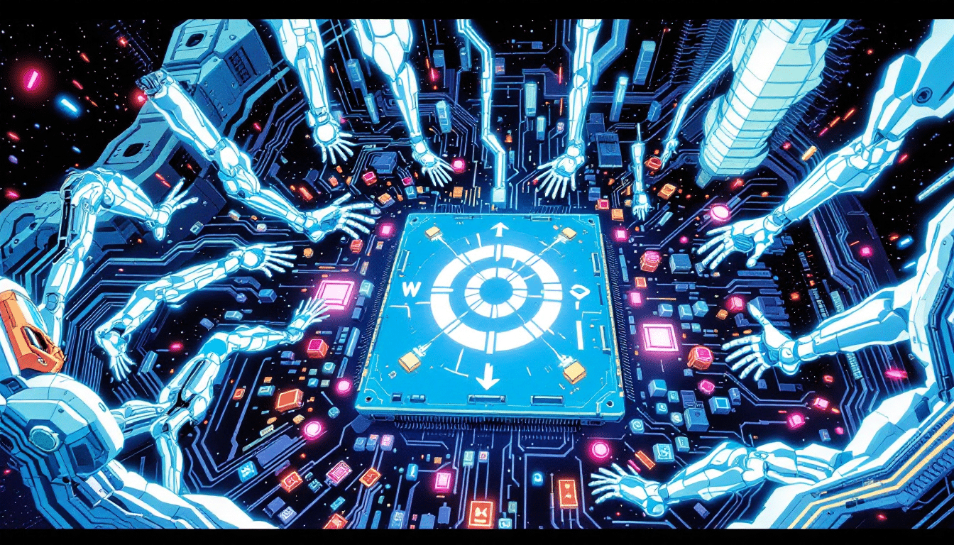 Robotic arms surrounding a navigation interface on a circuit board