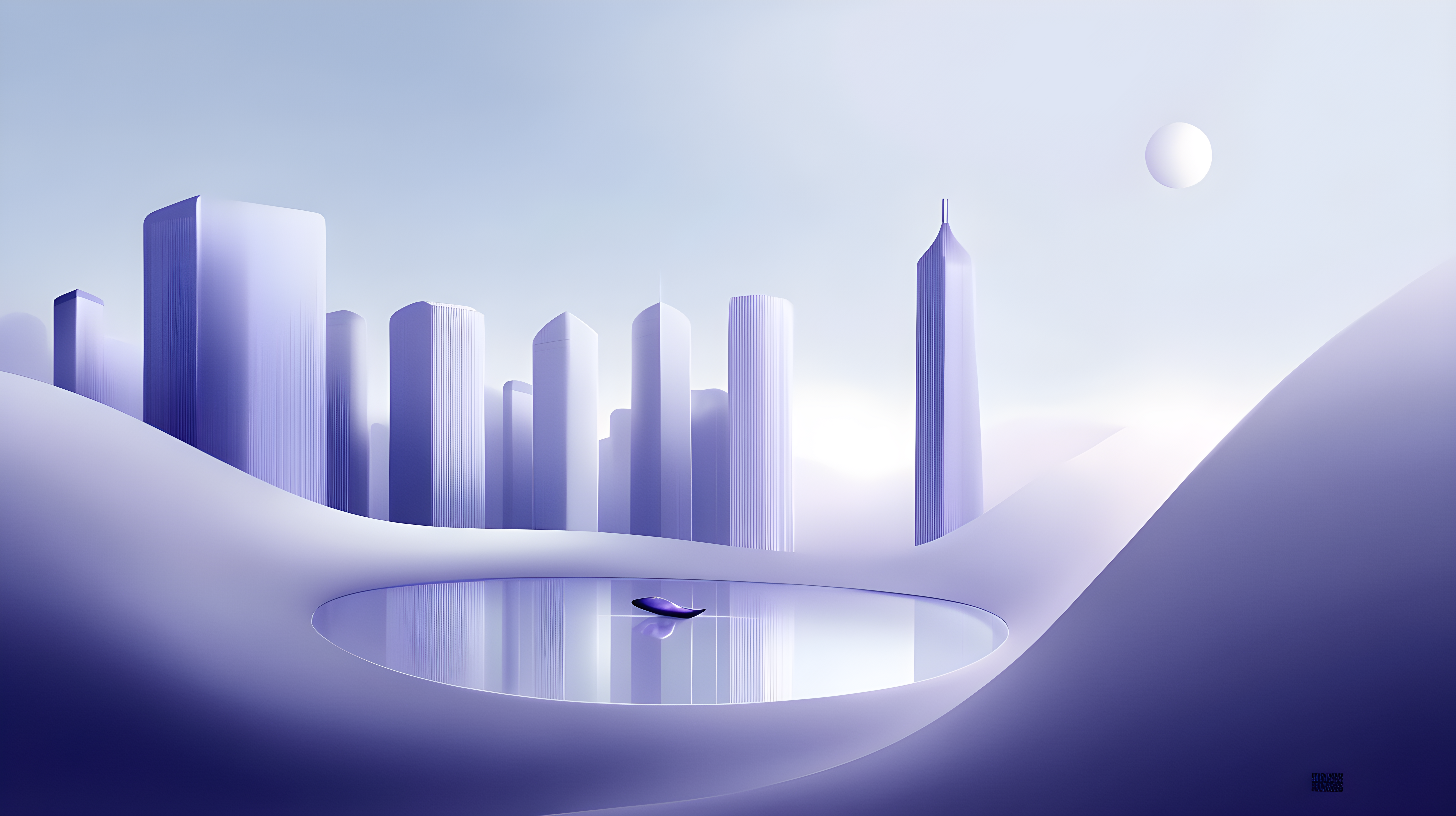 Pastel futuristic city beside a reflective pool