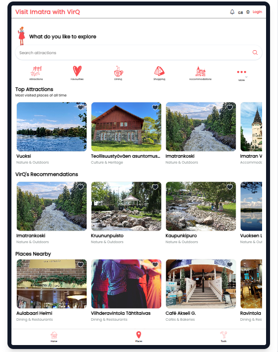 Visit Imatra travel discovery app showing top attractions, recommendations, and places nearby
